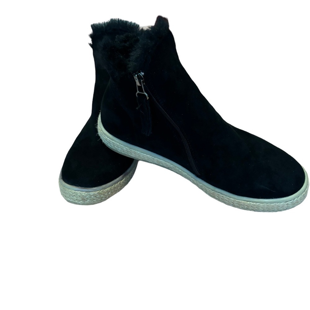 Nalho TAJ Yoga Mat Black Suede Faux Fur Lined Espadrille Booties. Side Zip. SZ 8